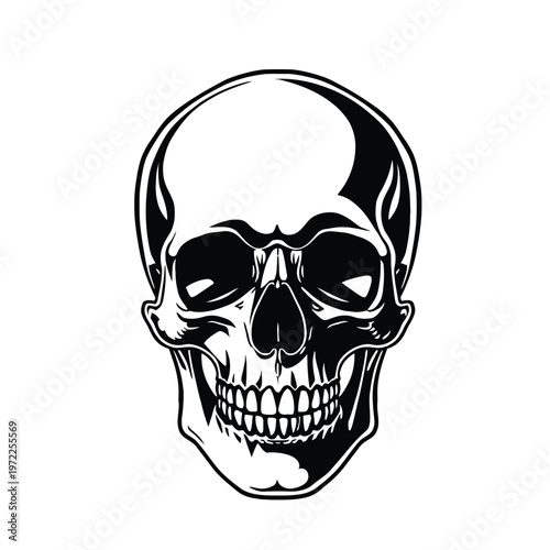 Black and white skull illustration with a smiling face