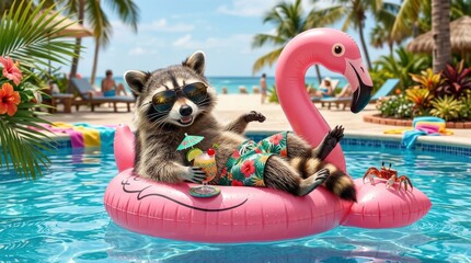 A cute raccoon wearing stylish sunglasses and summer shorts, lounging with a colorful cocktail on an inflatable flamingo while a small crab rests on the float's tail, playful poolside beach setting,