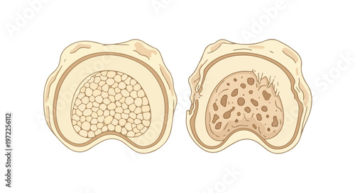 Cross section comparison of healthy bone structure versus osteoporotic bone with reduced density and porous interior