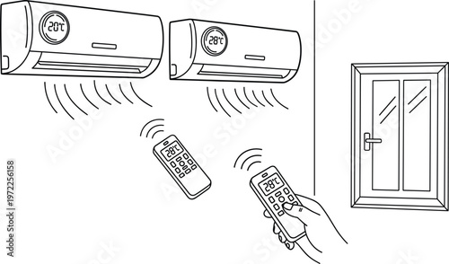 Air conditioner control illustration remote temperature setting smart home cooling system indoor climate technology vector line art