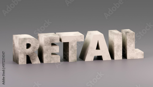 Luxury bright concrete inscription retail on grey podium, soft light, front view smooth background, 3d rendering