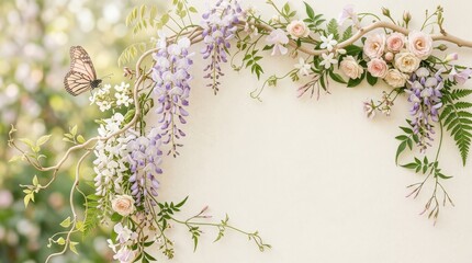 A floral border with delicate pendant flowers, branches, and a hovering butterfly, elegant spring design for invitations or walls, photorealistic botanical textures, soft light, tender romantic
