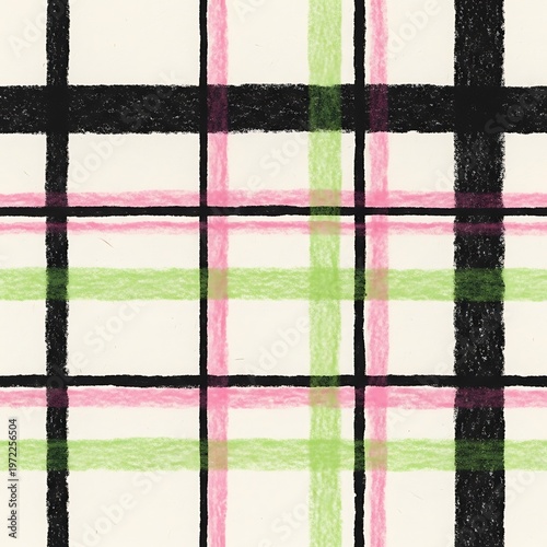Hand-Drawn Plaid Pattern Featuring Black, Pink, and Green Lines on a Light Background