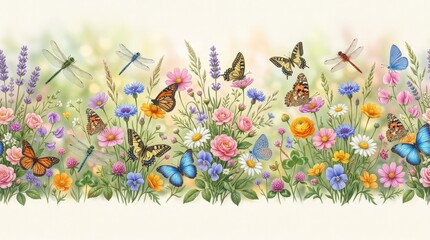 A seamless border with butterflies, dragonflies, and colorful wildflowers, elegant spring design for wallpaper or cards, photorealistic floral and insect detail, soft pastel atmosphere, 8K,no logos
