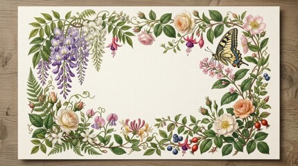 A floral border with hanging flowers, buds, leafy branches, and a butterfly, vintage-inspired botanical card design brought into photorealistic realism, soft daylight, elegant decorative atmosphere,