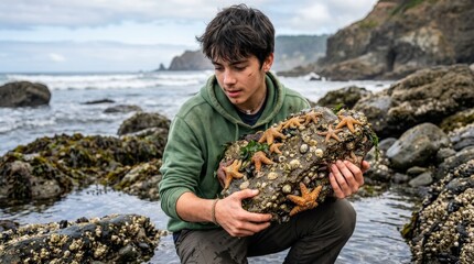 A teenage boy holding a large rock covered in starfish and barnacles, detailed marine textures and youthful curiosity, natural coastal light, photorealistic environmental portrait, ultra-detailed,