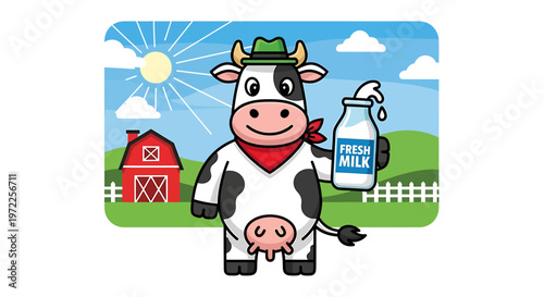 Smiling cow in green hat.