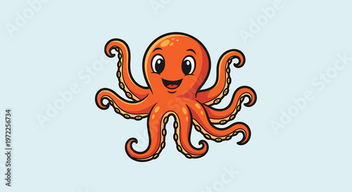 Smiling Orange Cartoon Octopus Character.