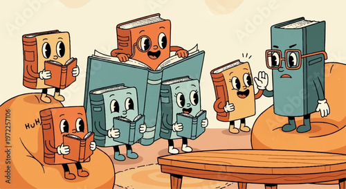 Cartoon books with faces reading together in a cozy living room setting