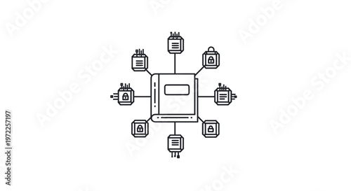 Conceptual illustration of digital book surrounded by connected icons