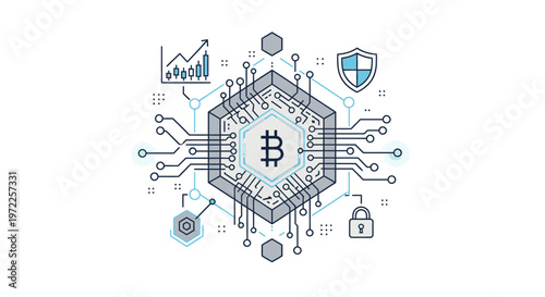 Cryptocurrency bitcoin icon with circuit board design and security elements