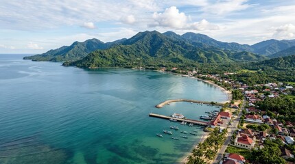 An aerial view of serene Ulee Lheu Bay in Aceh, Indonesia, calm ocean, scenic mountains, tranquil coastline, soft natural light, photorealistic drone landscape, ultra-detailed, 8K,no logos