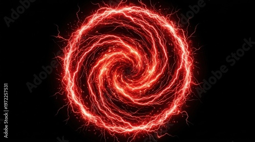 Red lightning circle portal transparent PNG-style overlay, glowing electric plasma arcs forming a sci-fi design element, high-energy vortex look, photorealistic storm detail, ultra-detailed, isolated