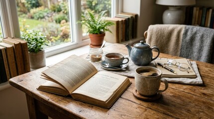 Tea time with books and coffee, cozy tabletop scene, open pages, ceramic cup, warm ambient light, quiet reflective atmosphere, photorealistic still life photography, ultra-detailed, 8K,no logos