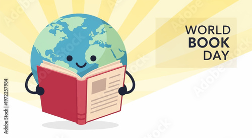 Happy globe character reading book for world book day celebration