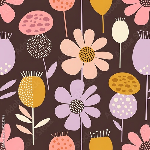 Delightful Seamless Pattern with Stylized Pastel Flowers and Abstract Botanical Elements on a Dark Background