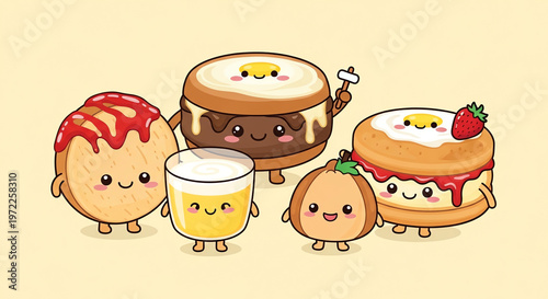 A group of adorable cartoon breakfast foods with smiling faces on a plain background.