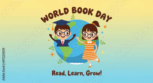World Book Day celebration with children and globe illustration