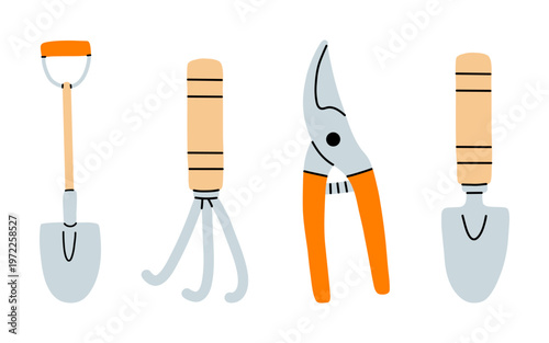 Vector flat illustration of gardening hand tools set with shovel, cultivator rake, pruning shear and trowel with wooden, handles. Garden equipment clipart collection. Farming and agriculture elements.