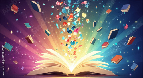 Magical open book with floating elements and starry background
