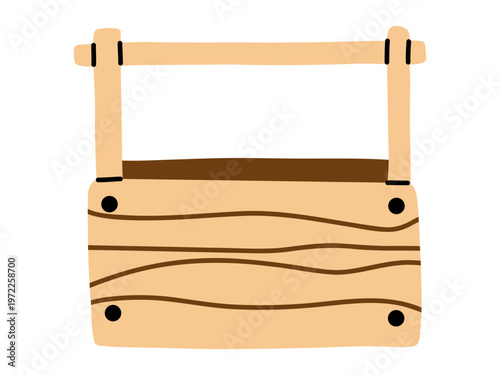 Vector cute wooden crate with handle in flat design. Simple isolated illustration, ideal for logistics, storage, gardening themes, rustic decor. Farming and agriculture clipart.