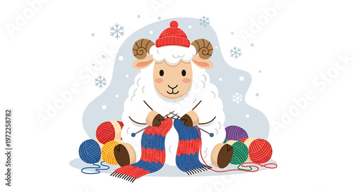 Sheep wearing Santa hat knitting socks.