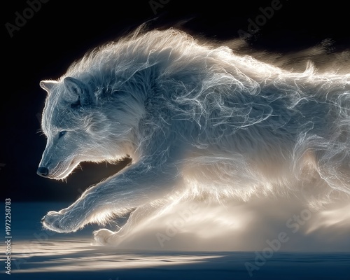 A wolf runs swiftly across a dark landscape with glowing fur and smoke effects.