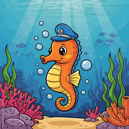 Seahorse wearing a captain hat.