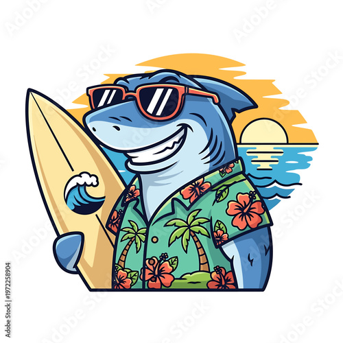 Smiling cartoon dolphin with sunglasses surfboard.