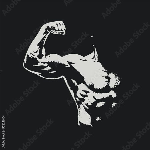 Minimalist Silhouette Strong Bodybuilder with Flexed Arm Muscle Pose Illustration