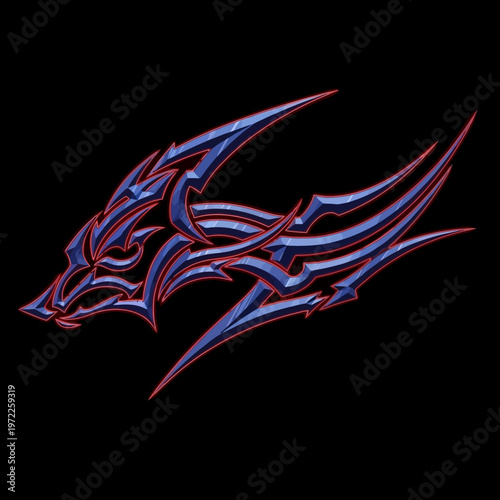 A flowing tribal shape with sharp edges and curves is illustrated in blue and red.