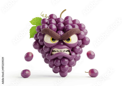 Furious grape cluster character with expressive eyes jumps on white background