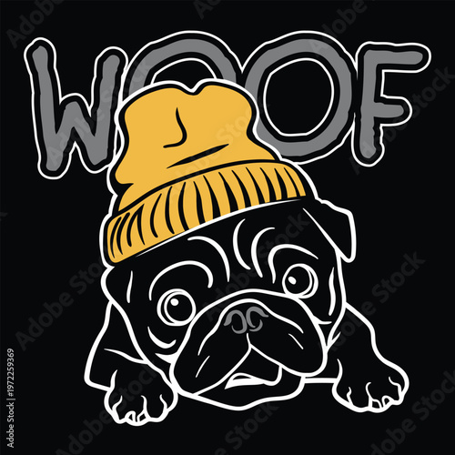 Cartoon Cute Pug in Beanie Hat Illustration with Woof Typography