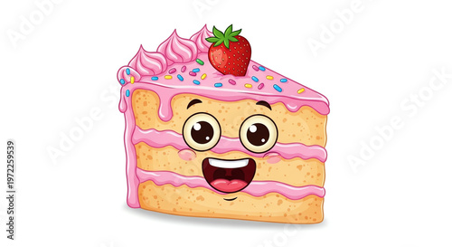 A cartoon slice of cake with pink frosting and a strawberry on top has a cheerful face with big eyes on a plain white background.