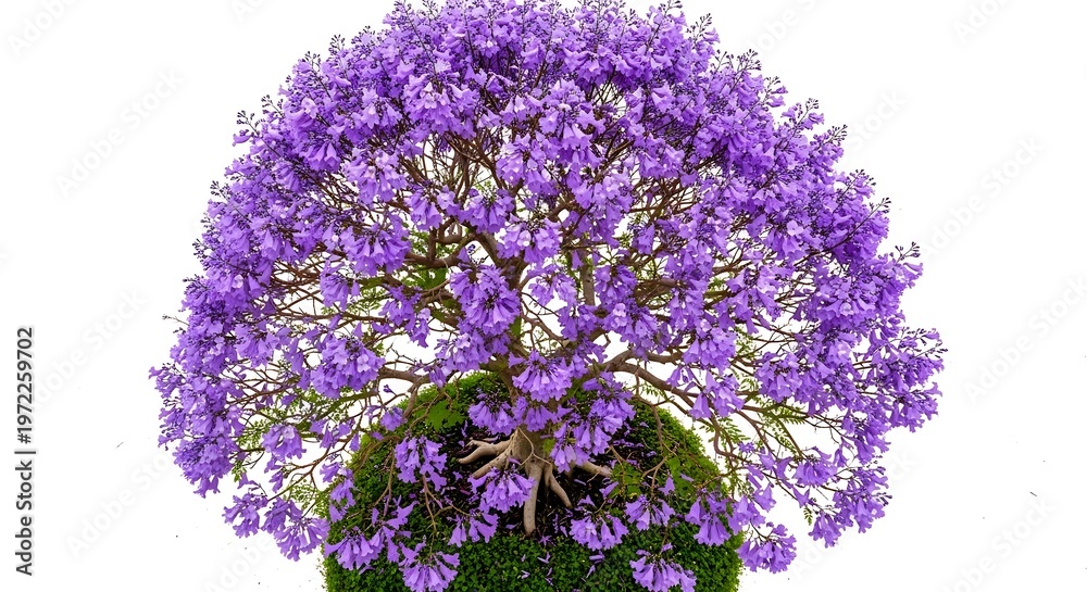 Obraz premium Isolated purple flowering Jacaranda tree, bonsai style, on a mossy mound, against white background