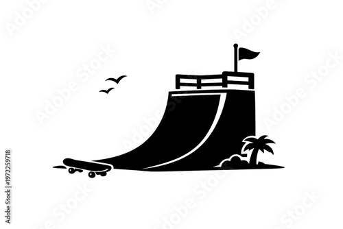Silhouette of skateboard ramp with flag and palm trees
