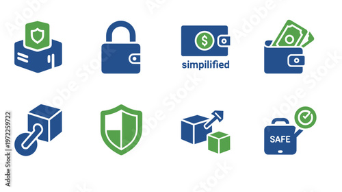 Financial security icons illustrate safe transactions and protected assets