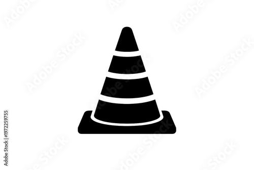 Black and white traffic cone silhouette with striped design on a white background