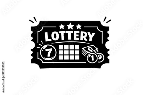 Monochrome lottery ticket design featuring bold text and iconic lottery elements