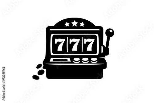 Black and white slot machine icon with sevens and coins falling