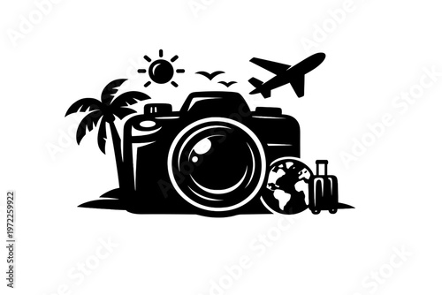 Camera with travel icons featuring palm tree, airplane, sun, and globe