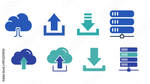 Cloud icons show data transfer and storage servers