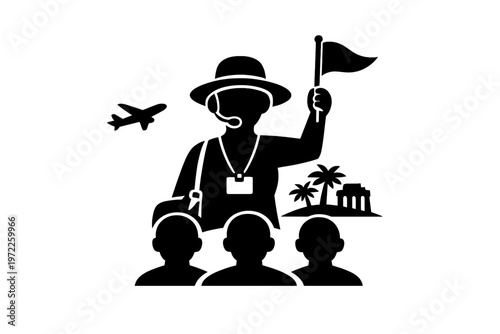 Tour guide leading travelers on adventure journey with landmarks and airplane silhouette