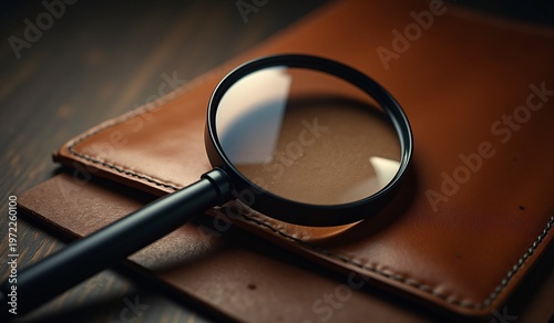 Magnifying Glass Resting on Premium Leather Journal Close Up