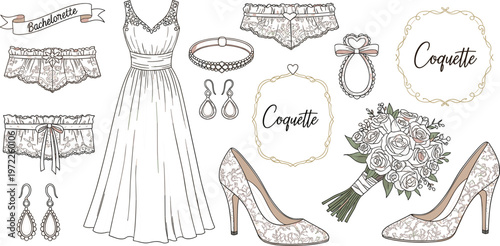 Bridal Fashion Collection with Wedding Dress, Lace Lingerie, High Heels, Jewelry and Bouquet Elements for Bachelorette Party Designs, Invitations, and Elegant Wedding Templates