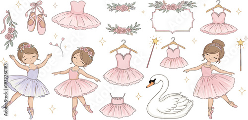 Cute Ballet Dancer Collection with Ballerina Girls, Tutu Dresses, Swan, Ballet Shoes and Floral Elements for Children Illustrations, Dance Designs, and Whimsical Templates