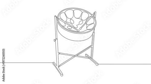 Single line drawing of a steel drum with mallets, a percussion instrument from the Caribbean