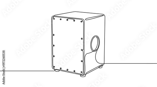 Minimalist continuous line drawing of a percussion cajon box drum