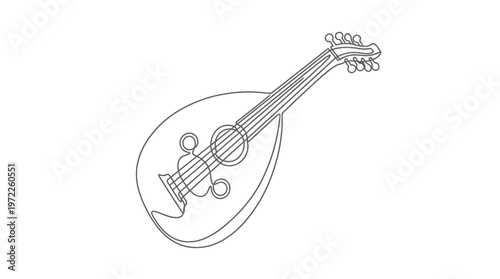 Simple line art illustration of a traditional oud stringed instrument, showcasing its unique form and cultural significance as a musical icon, perfect for design projects and educational materials
