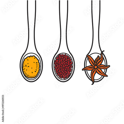 An illustration of three spoons with different spices on a white background